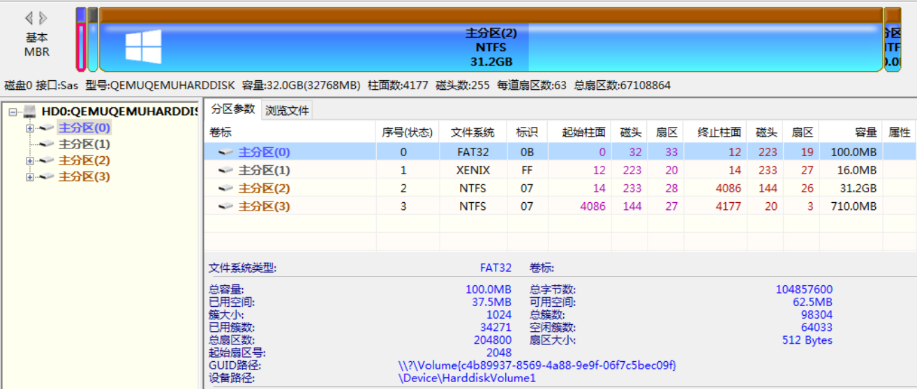 四个分区，分别是 EFI 分区、Microsoft 保留分区 (MSR)、系统 C 盘、WinRE 分区